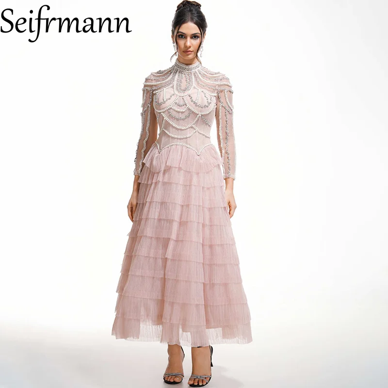 Seifrmann Stitched Beaded Ruffle Dress Stand Collar Long Sleeve Waist Long Dress 2026 Autumn Fashion Women's New Style