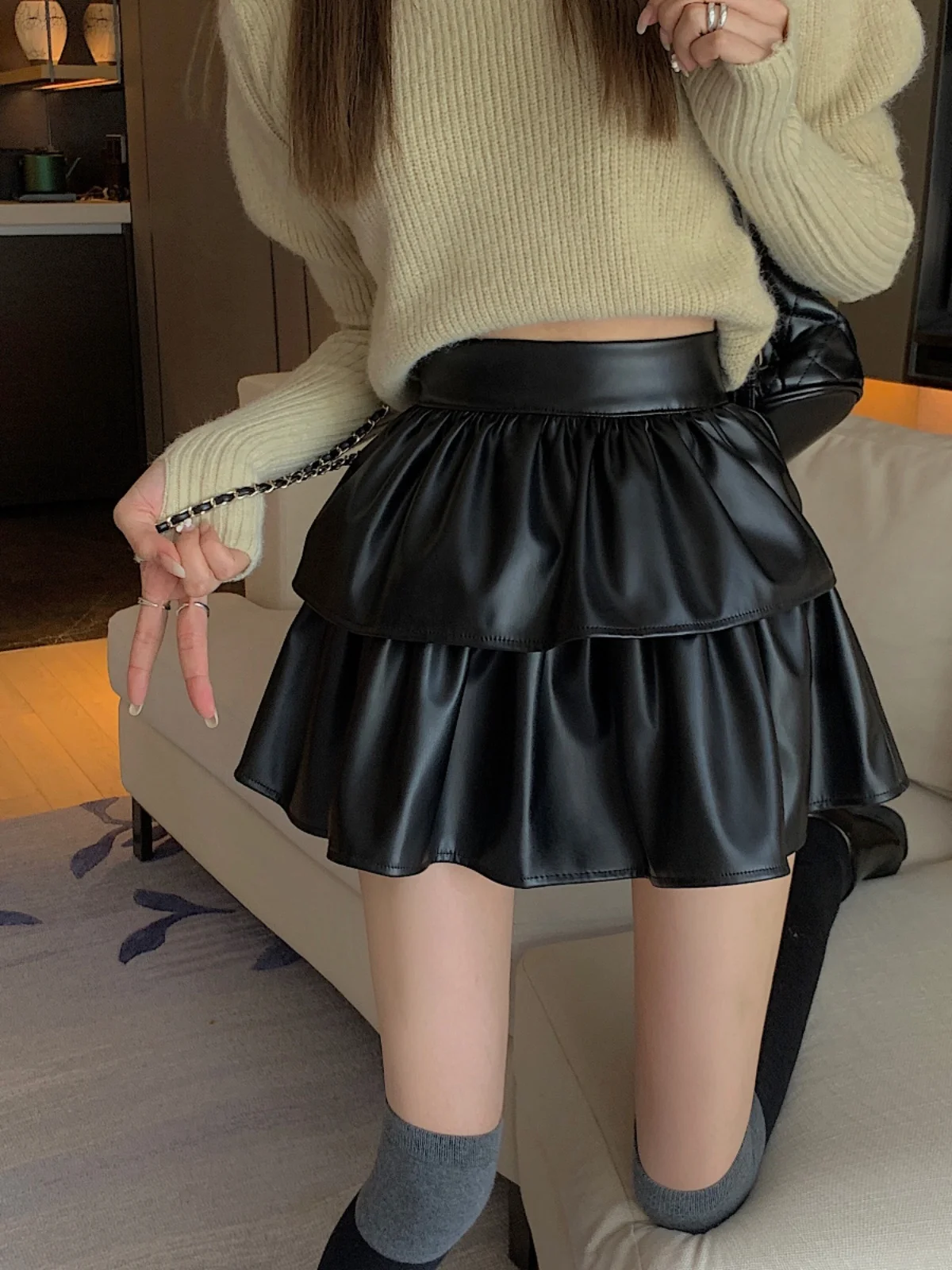 

Юбка А-силуэта с высокой талией для женщин, весна-осень, больших размеров, стройнящая, новая, пышная, в стиле «слейкейк», маленьких размеров, кожаная юбка