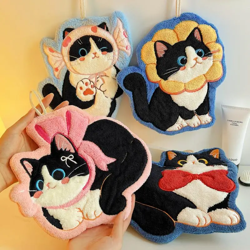New【Cartoon Coral Velvet Hand Towel Kitchen Kawaii Cat Hand Wipe Cleaning Cloth Bathroom Hanging Towel Absorbent Clean Rag】