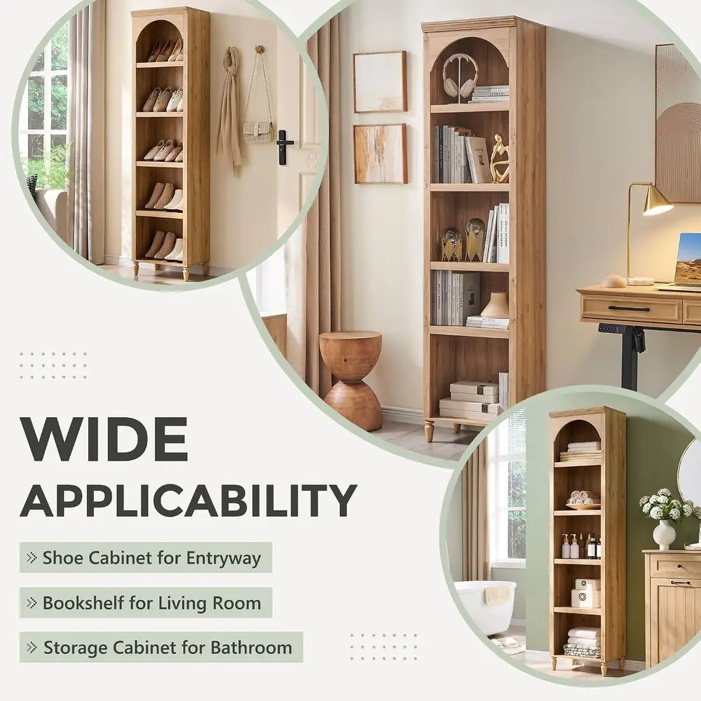 IGET 76" Tall Arched Bookcase, armhouse 5 Tiers Narrow Arched Bookshelnet with Adjustable Shelves, ern Wooden Book Shel w/Storag - view 4