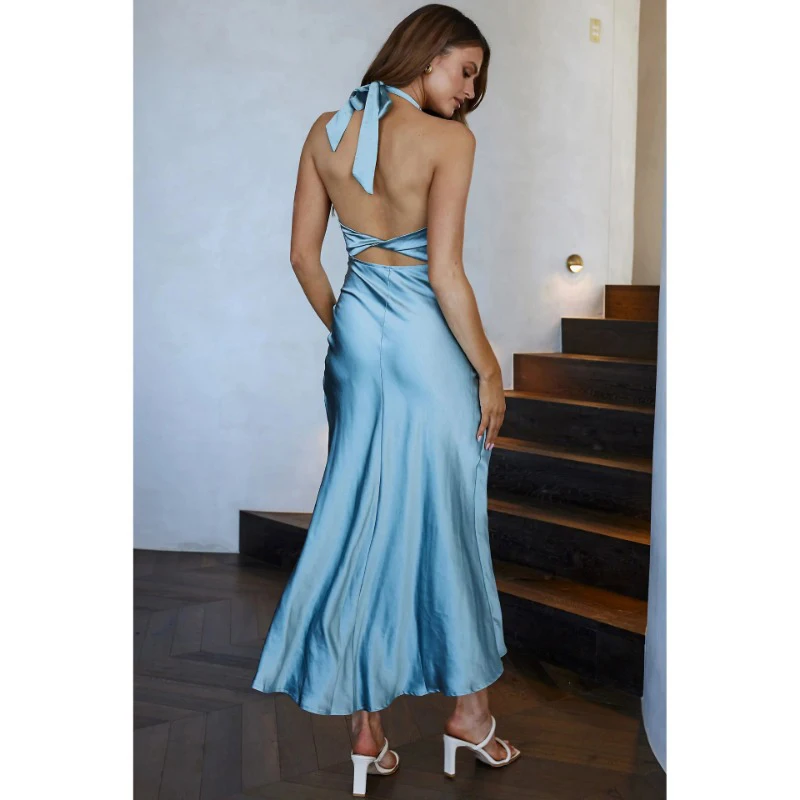 Elegant Solid Satin Sexy Club Dress Women Halter Neck Open Back Split Party Dress Slim High Waist Backless Evening Dresses 28310