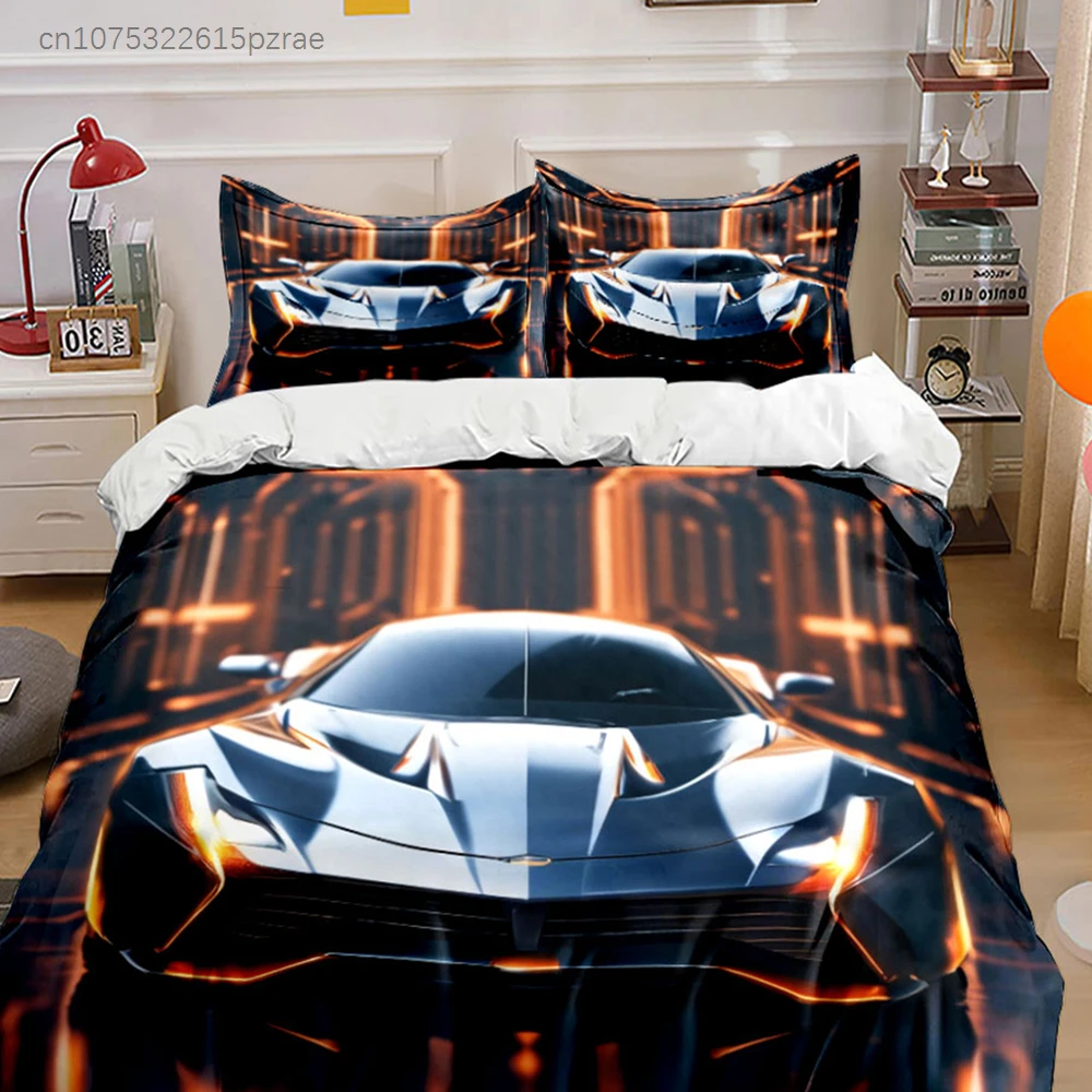 Futuristic Silver Sports Car Bedding Set,Neon Light Supercar Print Duvet Cover Set,Modern Cool Racing Car 3PC For Bedroom Decor