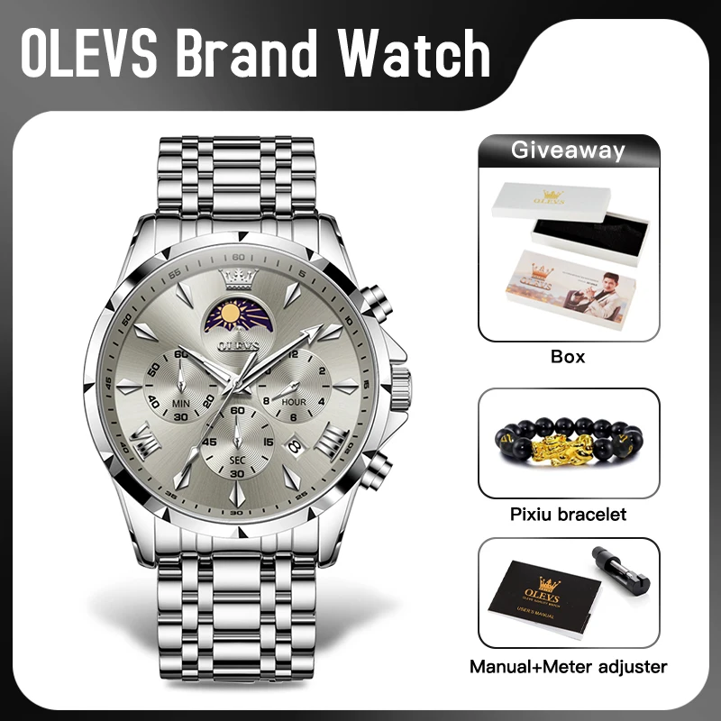 OLEVS 3653 Mens Watch Quartz Watch Multifunctional Chronograph Watch For Men 30M Waterproof Luminous Moon Phase Box Original