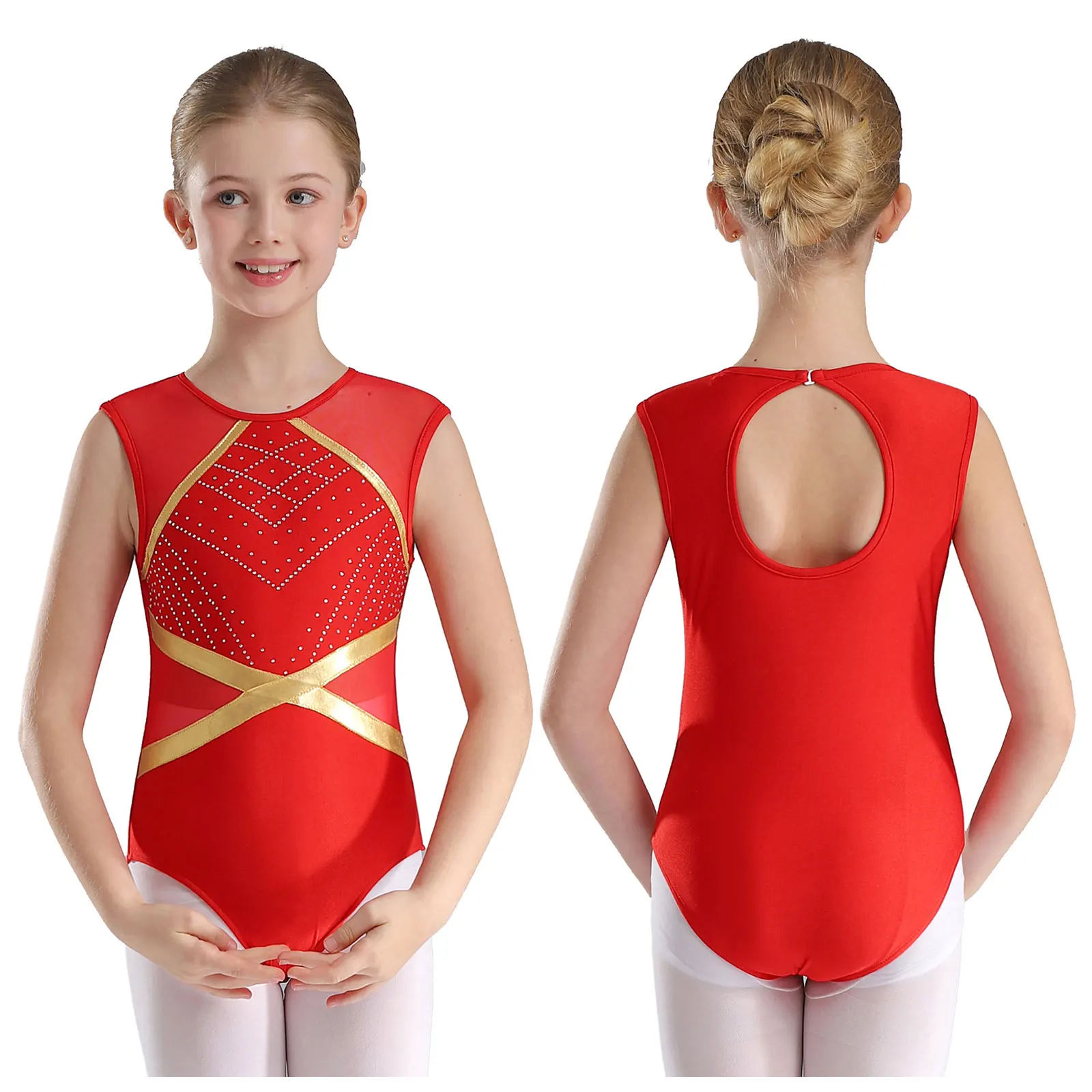 Kids Girls Gymnastics Leotard Metallic Rhinestones Ballerina Dance Costume Sleeveless Ballet Athletics Costume Child Bodysuit