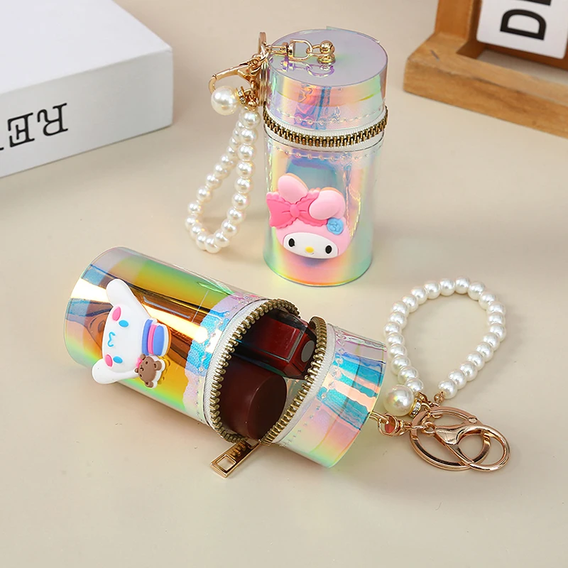 Sanrio Laser Cylindrical Coin Purse Keychain PU Kuromi Cinnamoroll Melody Lipstick Storage Bag Key Case Headphone Storage Bag