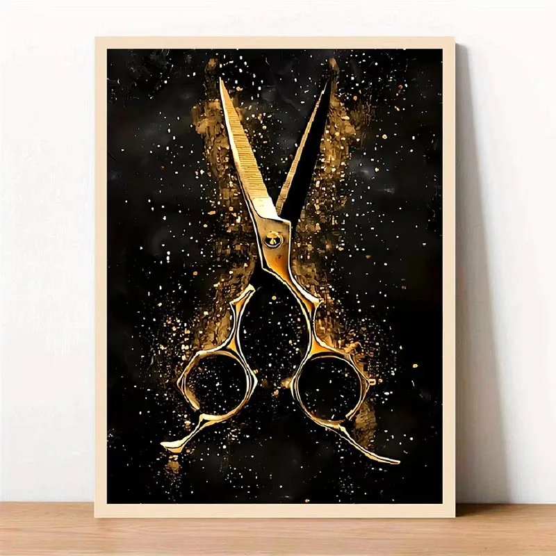 

Design Stylish Barber Scissors Canvas Wall Art Poster and Print Picture Black and Golden Hair Styling Salon Decor Paintings