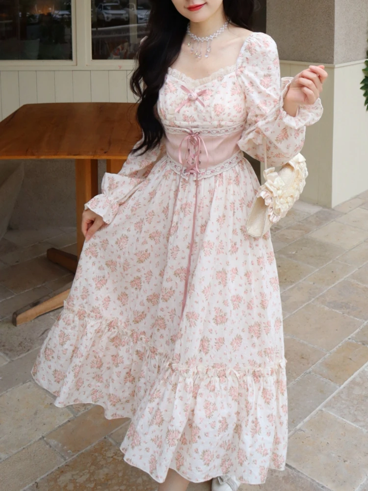 2023 Spring Pink Floral Elegant Dress Women Bandage Lace Print Sweet Vintage Dress Puff Sleeve Kawaii Dress Women Princess Fairy