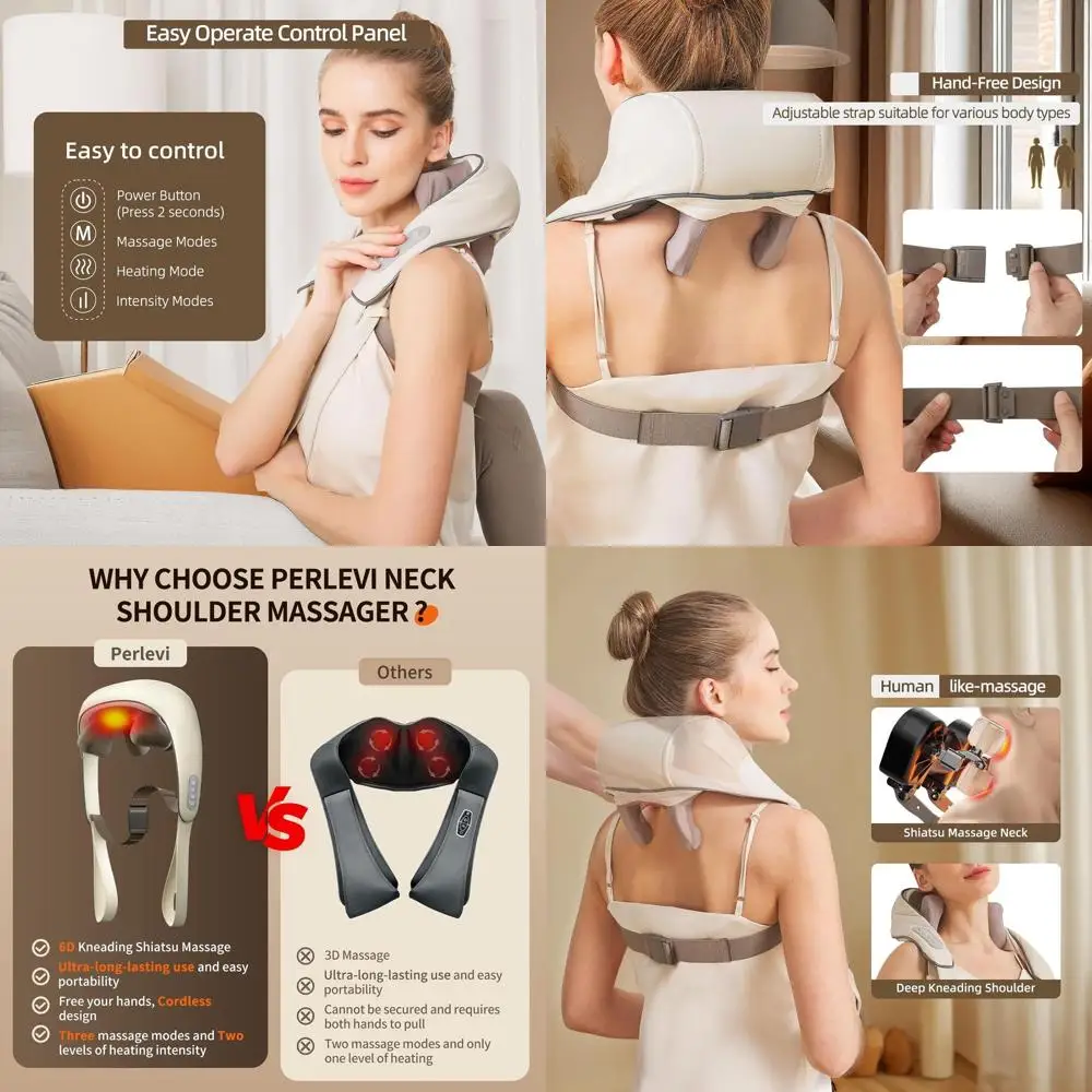 

Беспроводной массажер шиацу с подогревом 6D для глубокого расслабления тканей - идеально подходит для шеи и плеч (светло-бежевый)