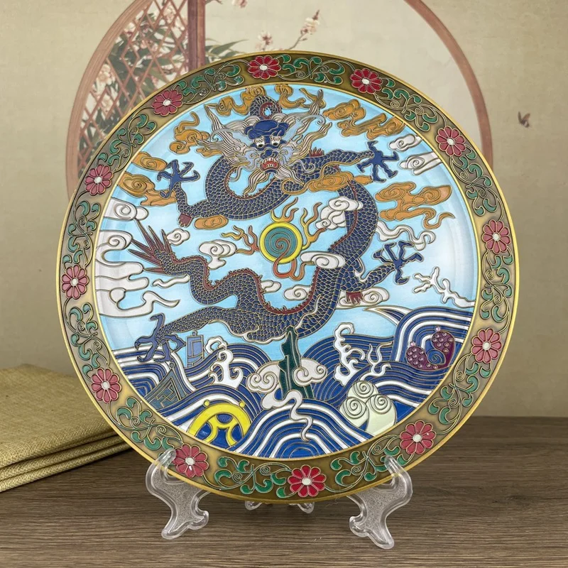Enamel Color Dragon Fruit Plate Office Home Decoration Ornament Diameter 22cm with Stand