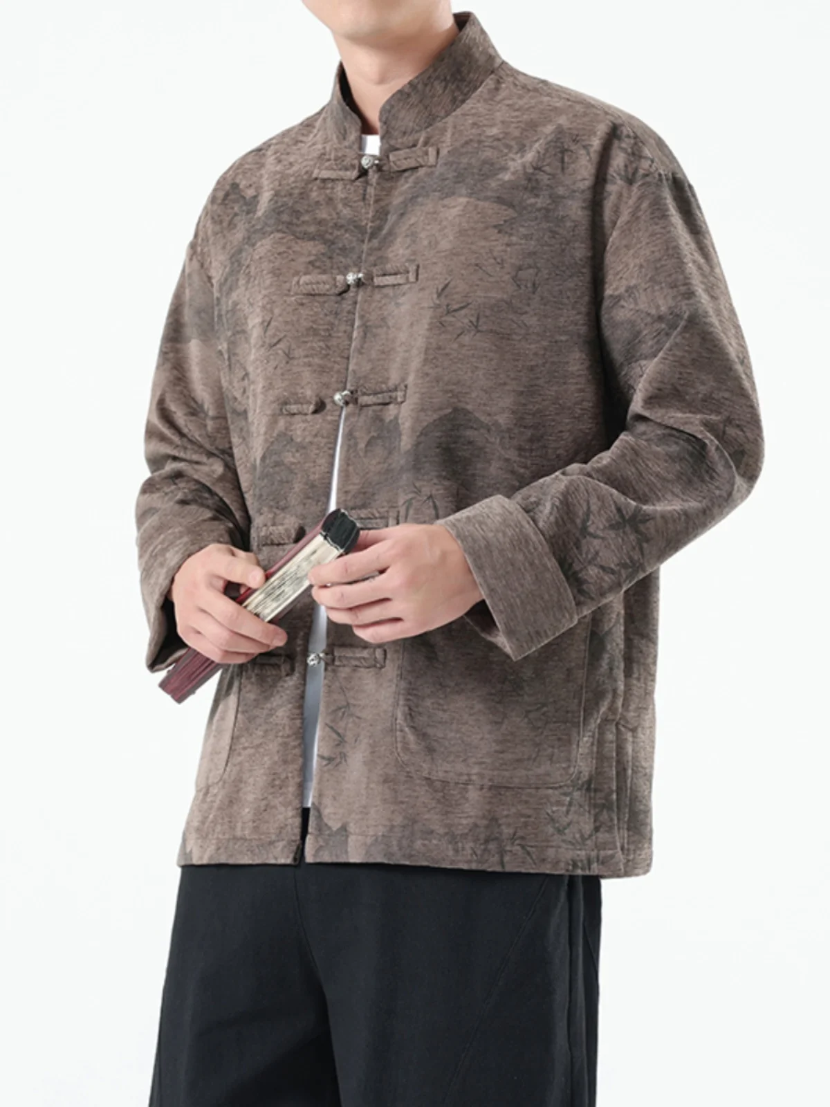 

Retro Tang Suit Jaet Men's High-End Feeling Copper Button Print Stand Collar Zen Tea Costume Long Sve Autumn Winter Jaet