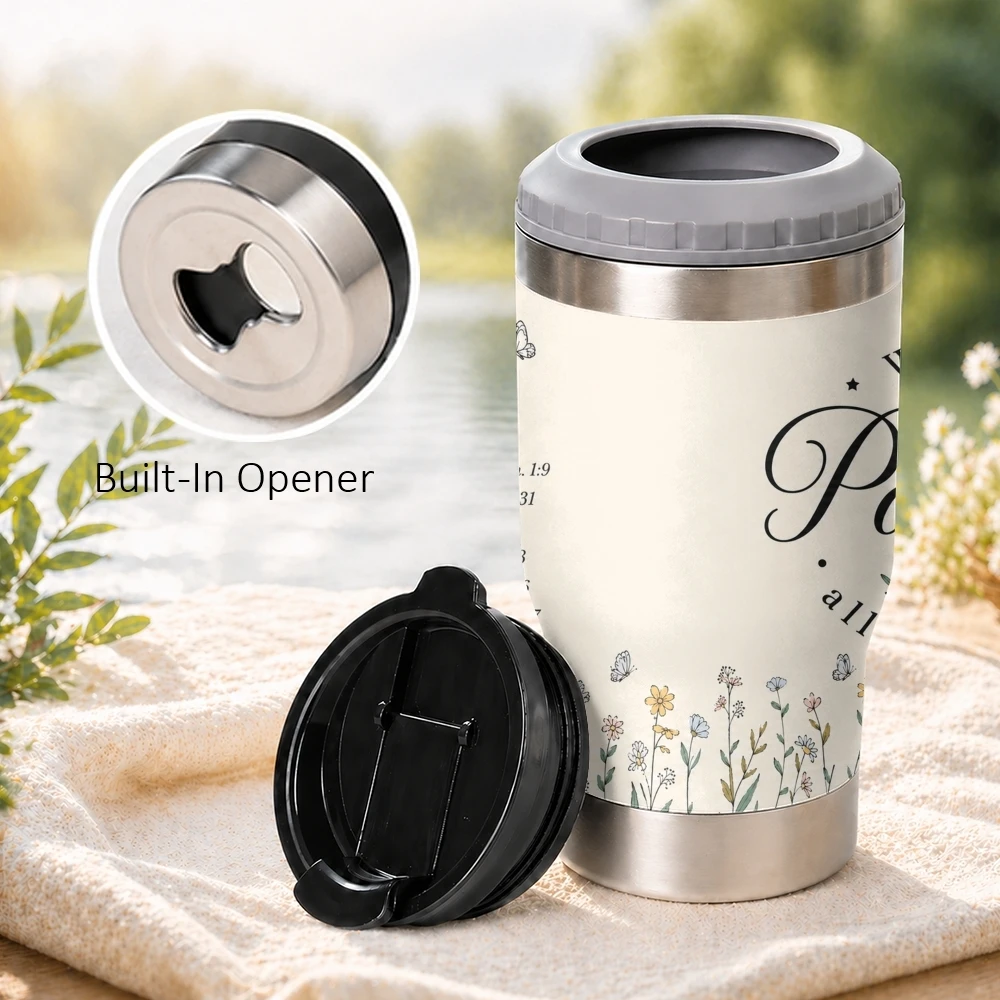 Christ Strengthens Me Quote 4-in-1 Insulated Can Cooler Cup For Beer Soda Coffee, Stainless Steel Hot Cold Drink Holder Mug