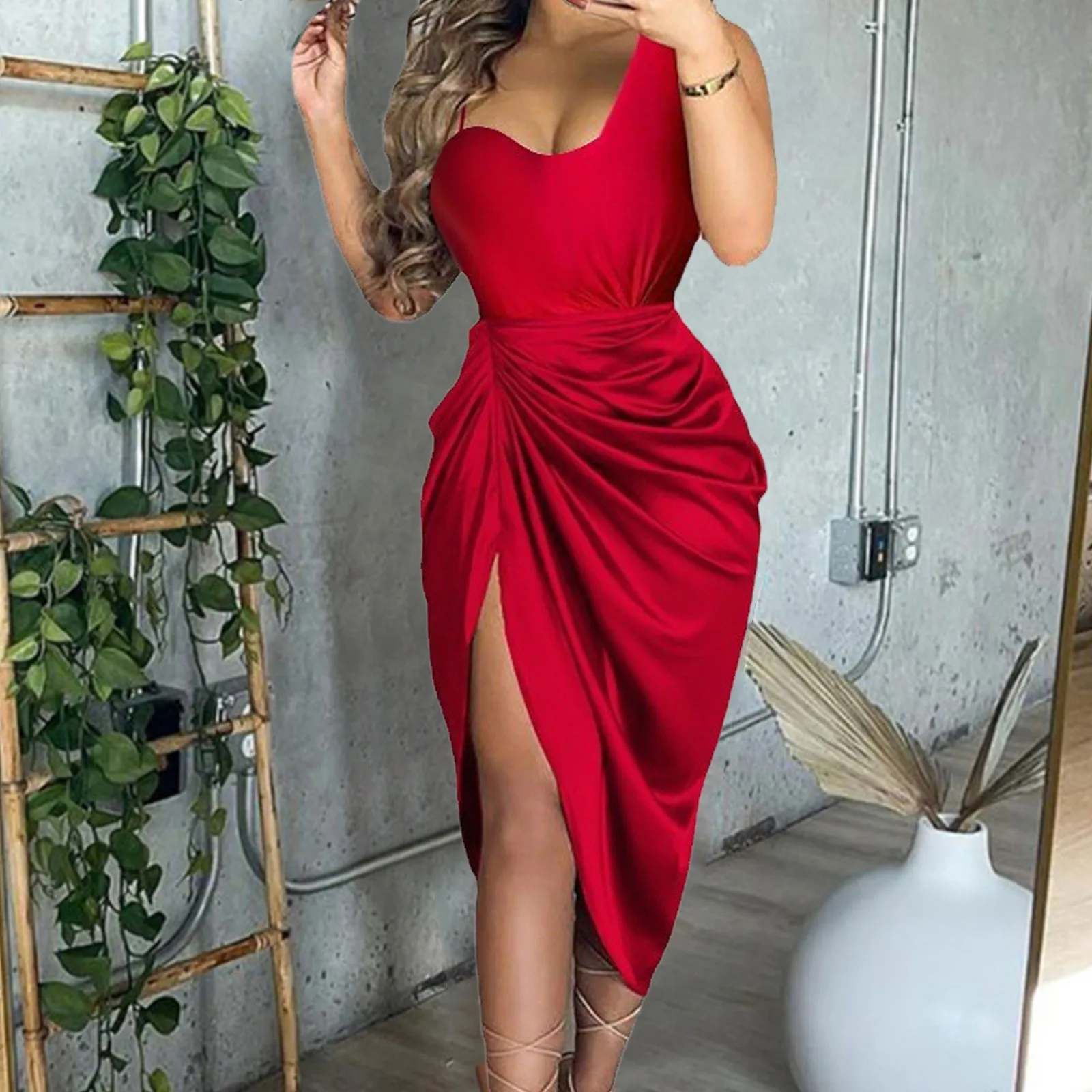 Vestidos de invitados de boda para mujer, vestidos de noche de un hombro ahuecados, vestidos de fiesta casuales Midi, abertura lateral Sexy, Color sólido