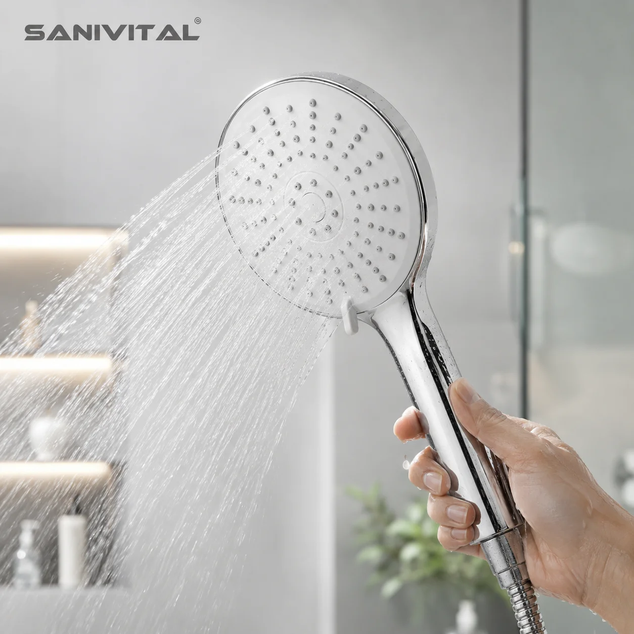 SANIVITAL Shower Head 3 Spray Modes 4.92 Inch Chrome ABS Handheld High Pressure Anti-Clog Bathroom Sprayer