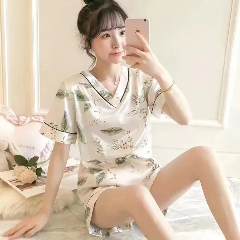 Summer 2pcs/set Women Ice Silk Pajamas Lady V-Neck Cartoon Short Sleeve Loungewear Girls Casual Loose Plus Size Pajama Sets