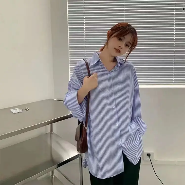Summer 2024 Women's Fashionable Striped Long Sleeve Shirt Student Inner Wear Top Sweet Style Loose Fit  Collar Polyester
