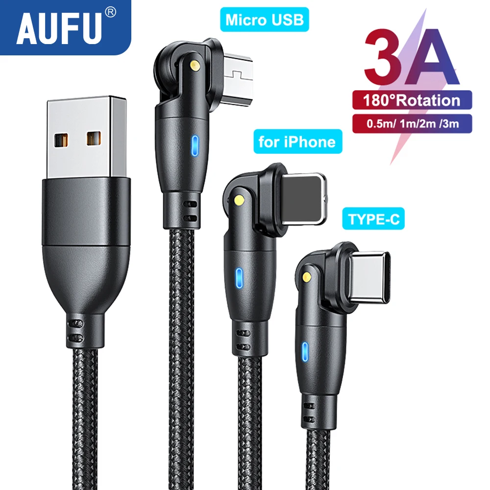 

AUFU 3A USB Type C Cable 180 Rotate Fast Charing Wire Cord For iPhone Samsung Xiaomi POCO Mobile Cellphone Charger Data Wire 3M