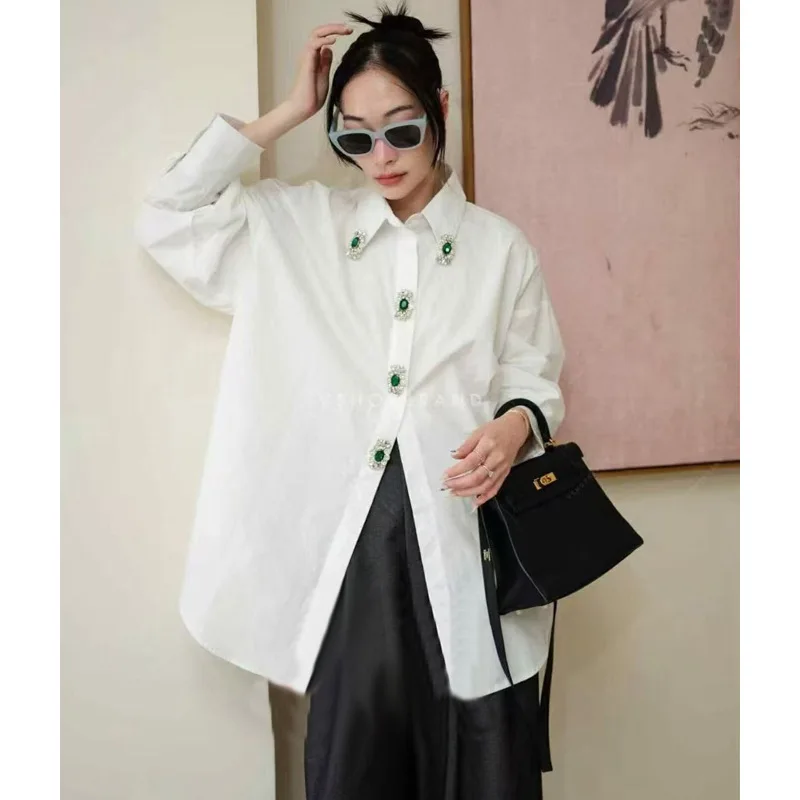 

2025 Autumn New Heavy Craft Three-Dimensional Rhinestone Button Decorative Loose Versatile Women's Shirt Top