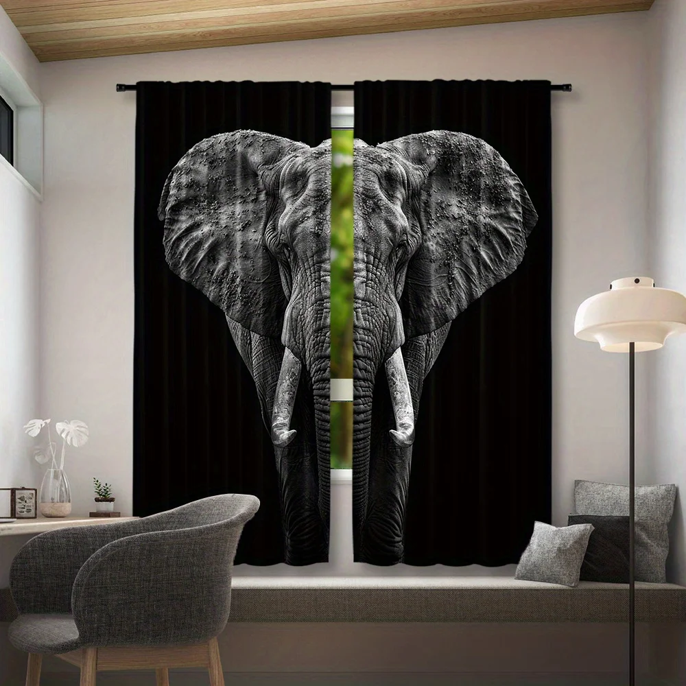 Large Black Elephant Portrait Curtains for Living Room Home Decor Modern Photo Print Window Drapes