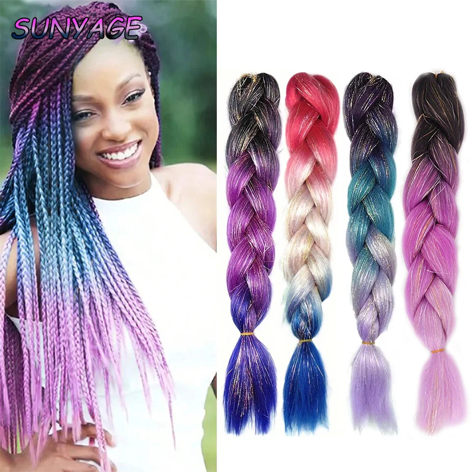 SUNYAGE-peruca sintética da extensão do cabelo trançado, cabelo tricolor do gradiente, multi colorido, DIY, trança grande, sobre 100g, raiz