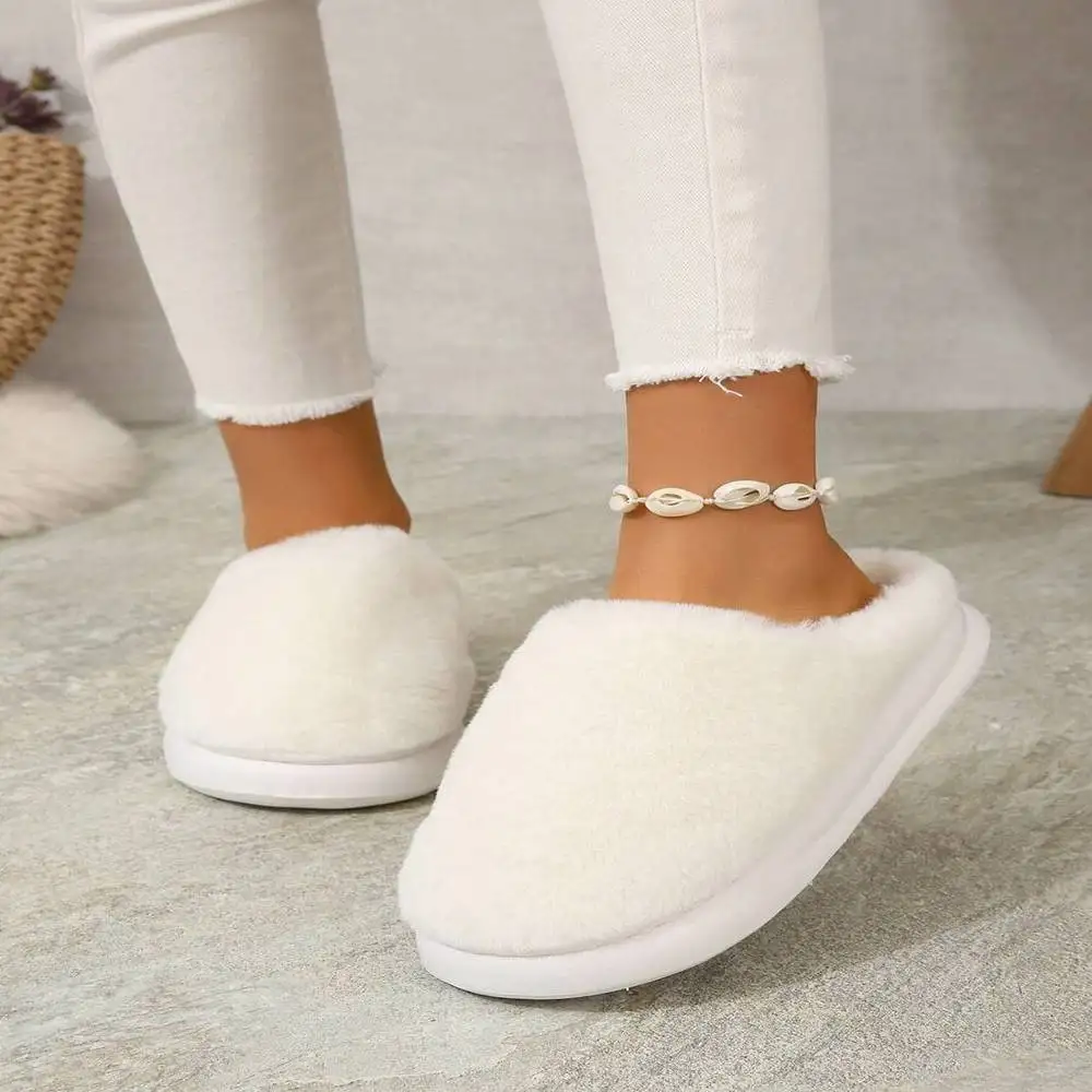 

Women Winter White Plush House Slippers Comfortable Warm Anti Slip Furry Indoor Shoes