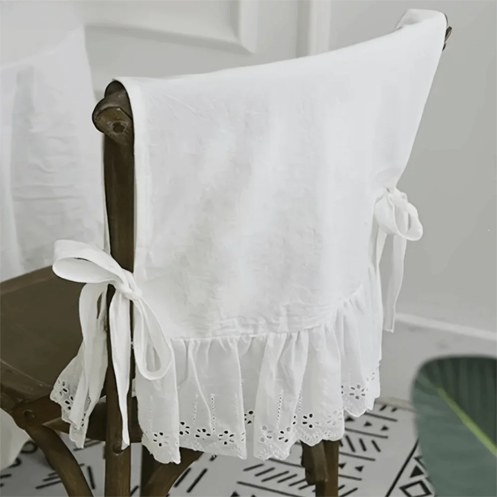High-End Lace-trimmed French Chair Back Cover Hollow Design Ruffle Chair Cushion Cotton White Dining Chair Back Decor Wedding
