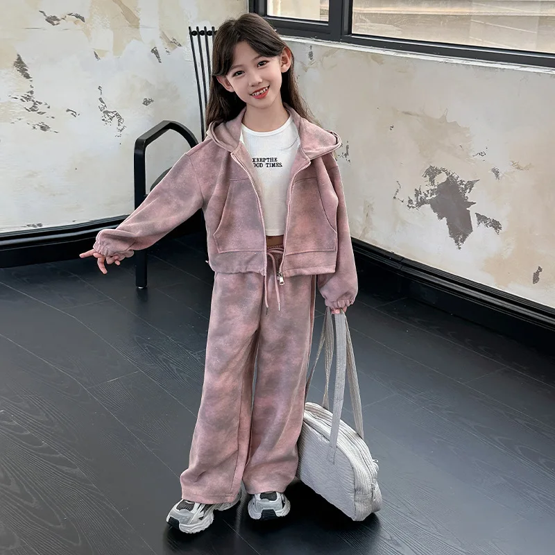 Girls' Spring and Autumn New Korean Style Casual Tie-Dye Short Top and Wide-Leg Sweatpants Two-Piece Set