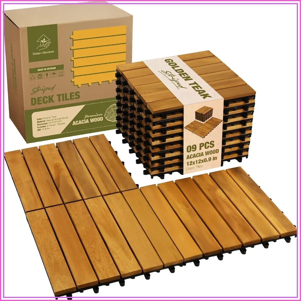 Acacia Wood Interlocking Deck Tiles, 9-Pack, 12x12 in, Waterproof, Easy Snap-Together, Covers 9 sq ft