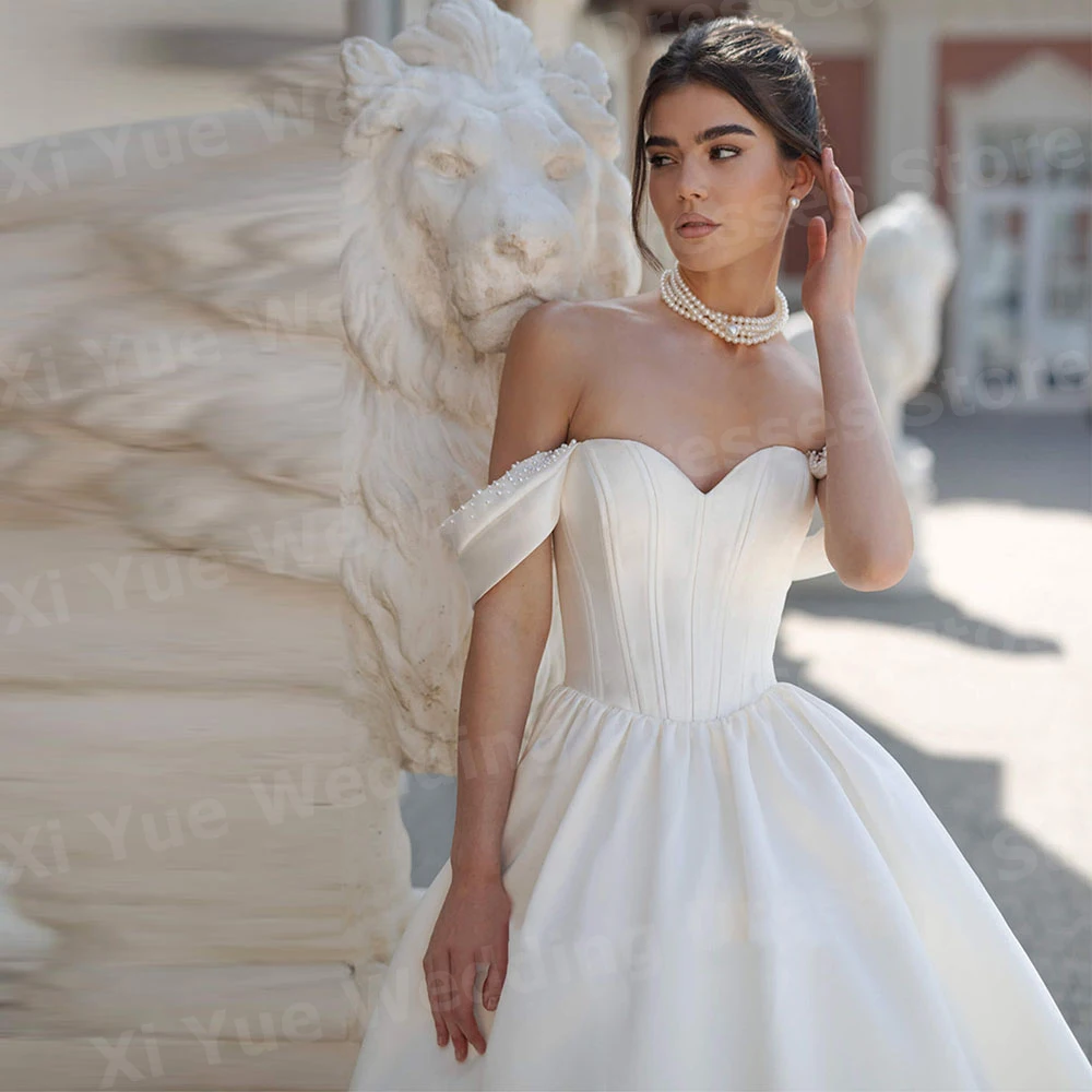 

Elegant A Line Women's Wedding Dresses Off The Shoulder Robe De Mariage Bride Gowns Customized Sleeveless Backless Pearl Vestido