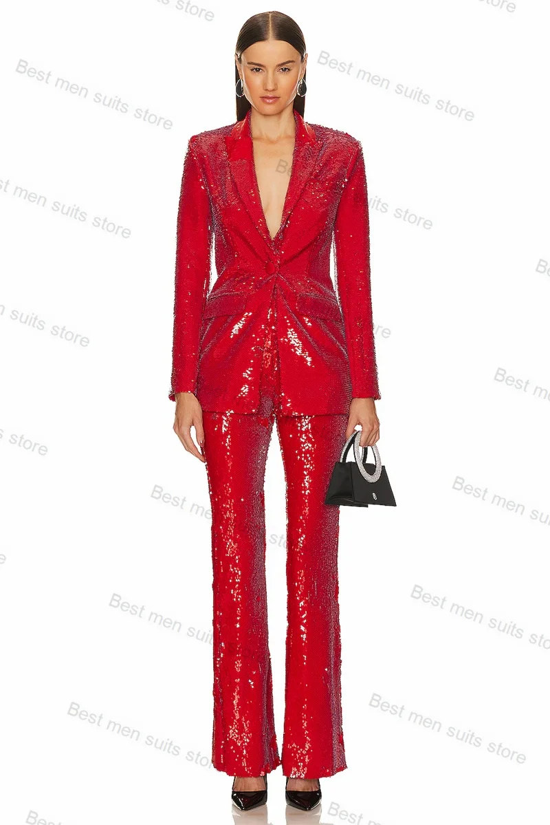 Red Sequins Women Suit Set 2 Piece Blazer+Pants Luxury Shiny Jacket Wedding Tuxedo Autumn Sexy V Neck Prom Coat Custom Made