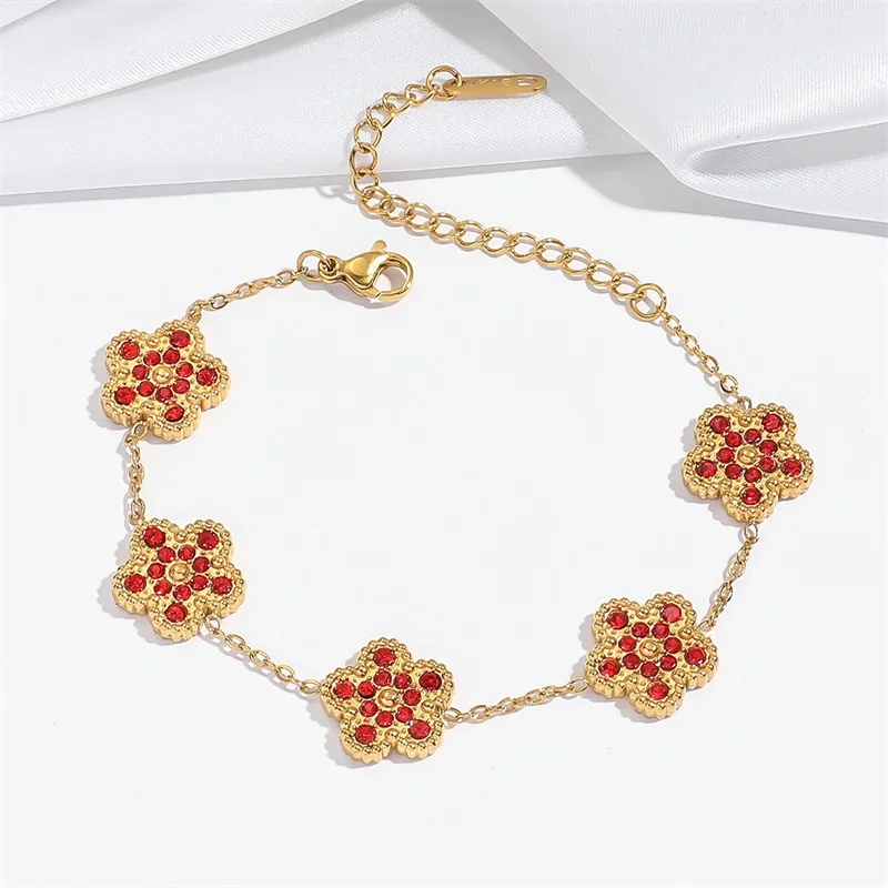 GANEMLY 316L Stainless Steel Double-sided Pink Zircon Five Leaf Clover Bracelet For Women Fashion Wrist Chain Jewelry Lady Gift