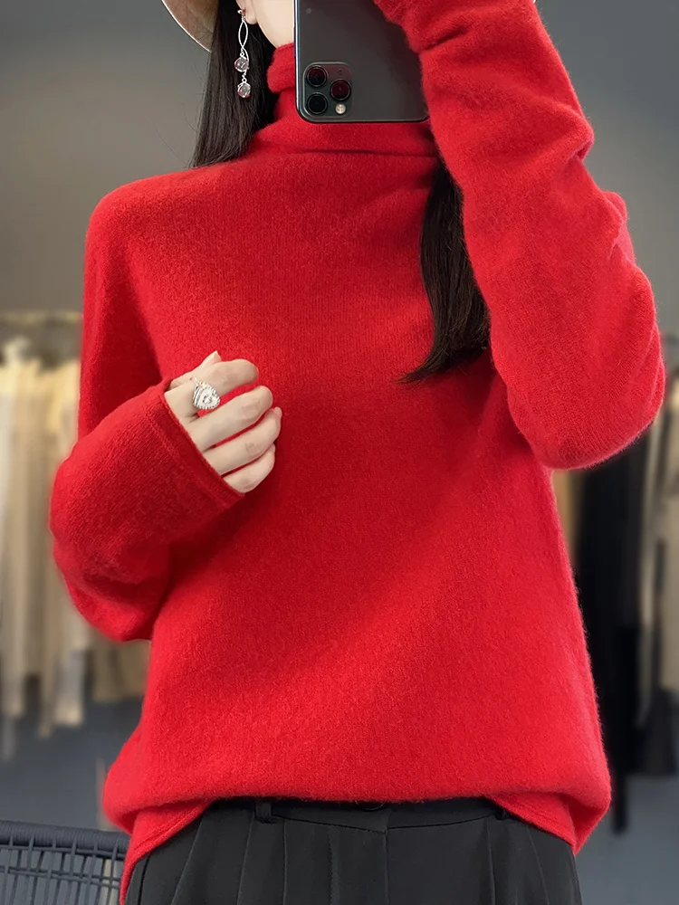 Autumn Winter Women 100% Merino Wool Pullover Turtleneck Sweater Casual Korean Style Cashmere Knitwear Bottoming Clothing