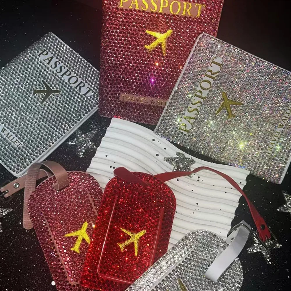 Luxury Bling Package Suitcases Passport Cover Case ,Luggage Tag Card Rhinestone Travelling Props