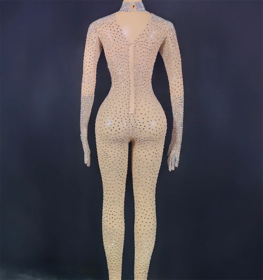 2025 Women Nightclub Rhinestone Jumpsuit Sexy Gogo Dance Cothes Long Sleeve Elastic Bodysuit With Glove luxury Glitter Costume