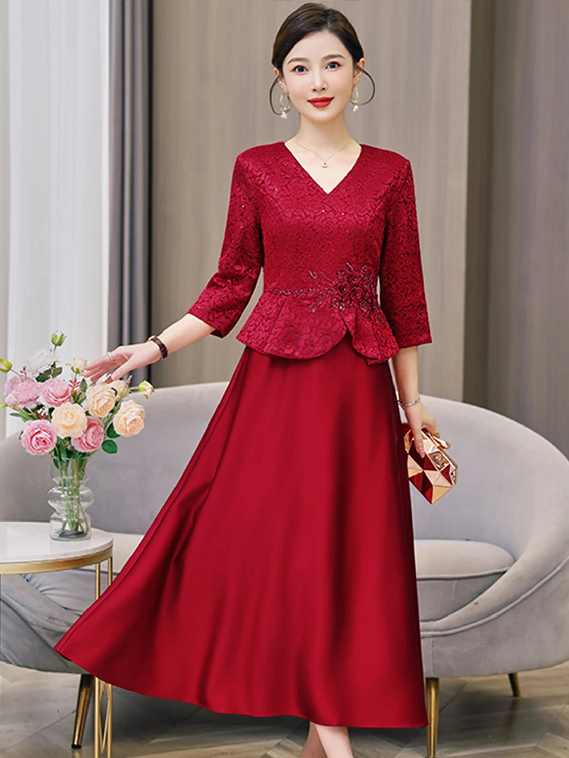 

Ele Wedding Guest Dr Young ly Mother-In-Law Spring Autumn Formal Ball Gown Long Sve V-Ne Midi Skirt Faionable