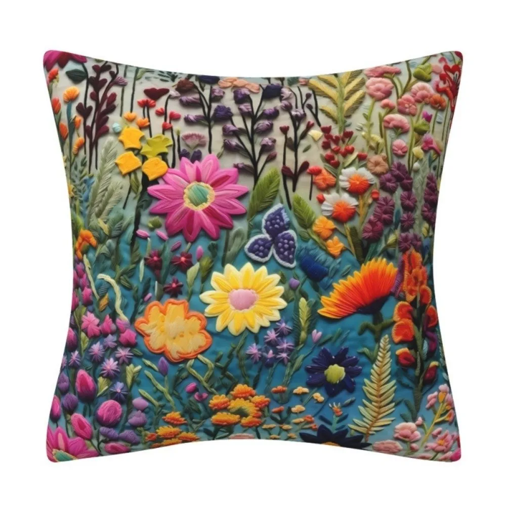 3D Embroidered Cushion Covers Flower Pattern Linen Throw Pillow Covers Single Sided 45 x 45 Square Sofa Pillow Case Home Decor