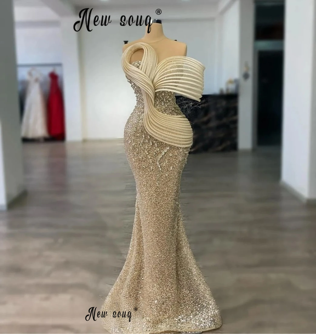 Long Champagne Sequins Evening Dresses Sweetheart Mermaid Formal Party Dresses for Women Elegant Vestidos Para Boda Invitada