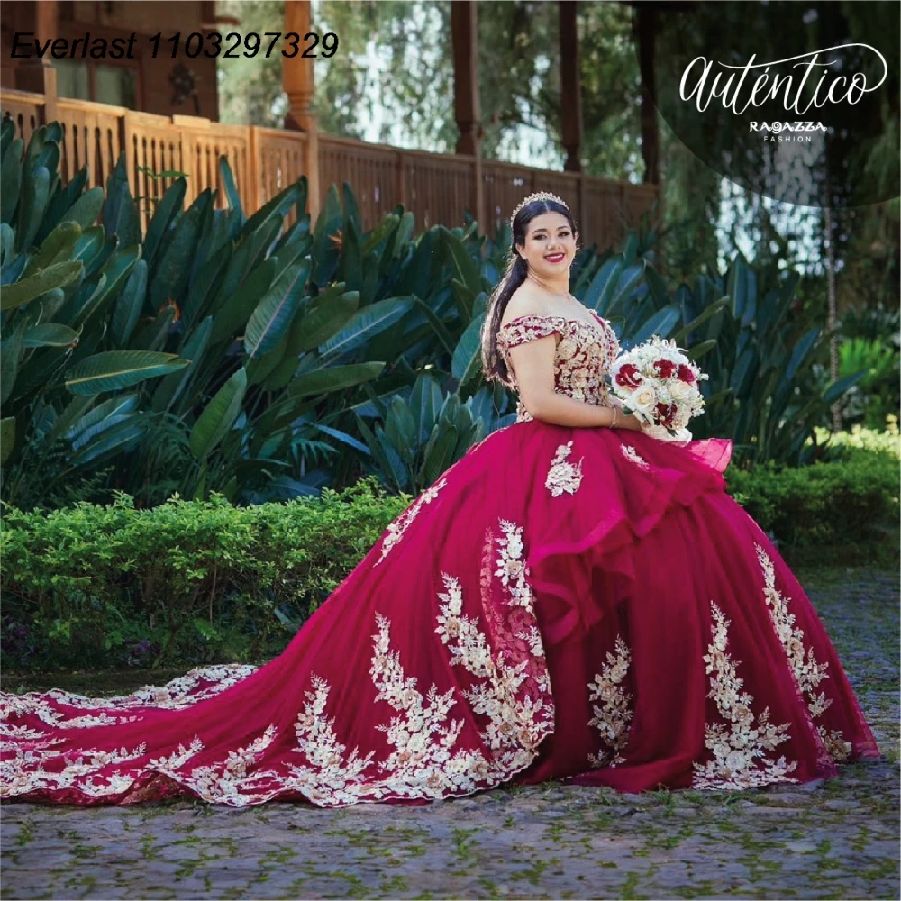 

EVLAST Customized Mexican Red Quinceanera Dress Ball Gown Gold Applique Beading Tiered Sweet 16 Gown Vestido De 15 Anos TQD911