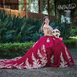 EVLAST Customized Mexican Red Quinceanera Dress Ball Gown Gold Applique Beading Tiered Sweet 16 Gown Vestido De 15 Anos TQD911