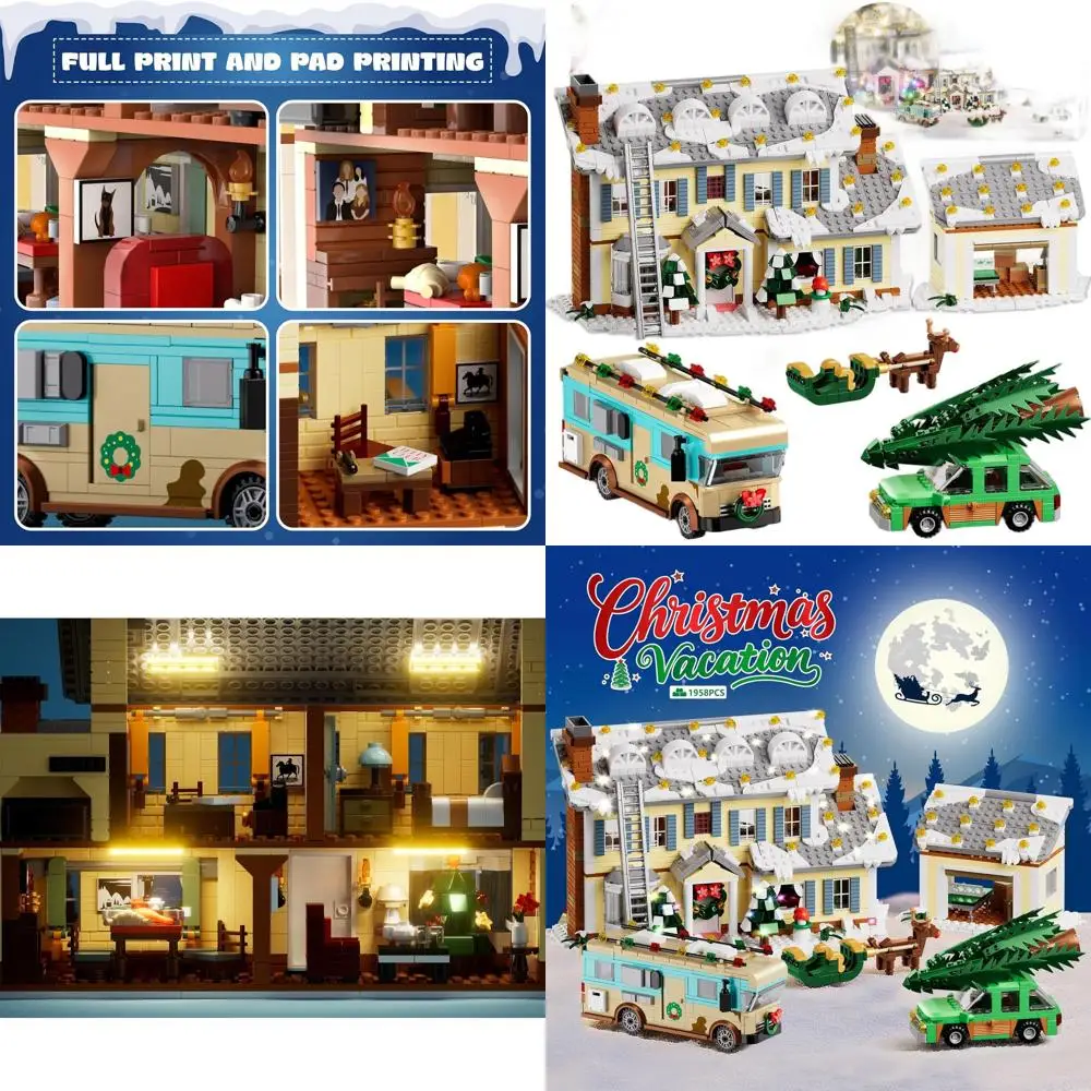 5-in-1 Christmas Village Building Kit with LED Lights, 1958 Pieces, Toy Blocks for Ages 8+