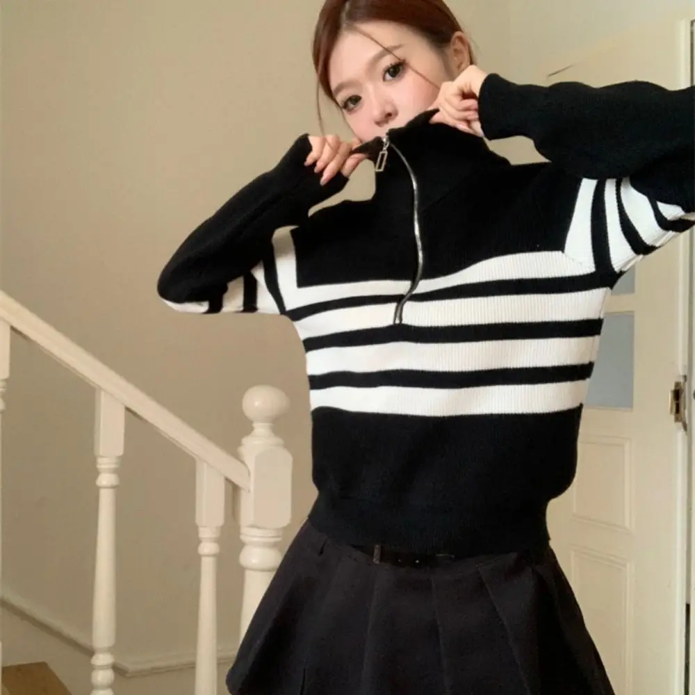

Korean Style Long Sleeve Knit Stripe Sweater Zipper Autumn Winter Knitted Crop Top Soft Slim Fit Crochet Knitwear Girl