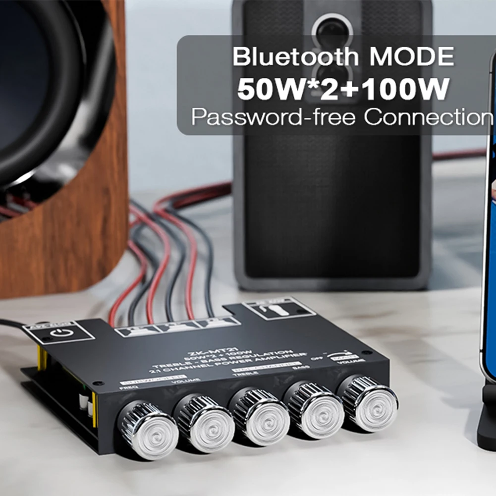 2.1 Channel Bluetooth-Compatible Amplifier Board with Treble and Bass Control 50Wx2+100W Power Amplifier Module for DIY Speakers