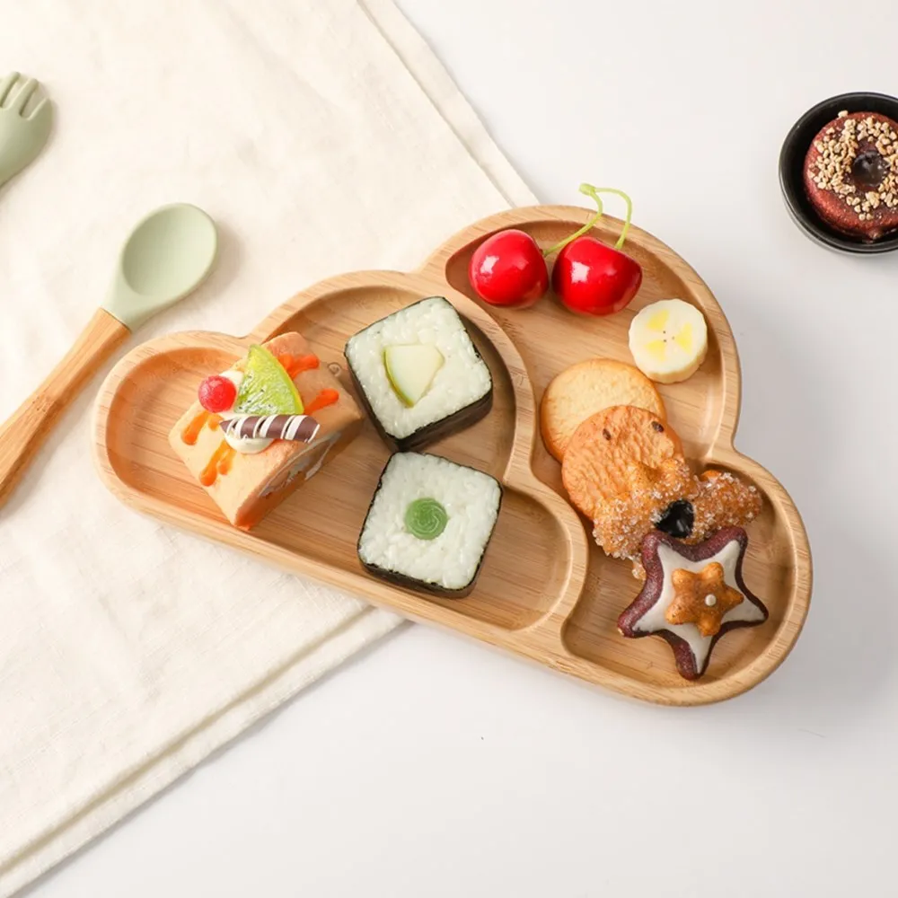 1Set Baby Feeding Cartoon Cloud Bamboo Dinner Plate Silicone Suction Cup Wooden Spoon Baby Can Adsorb Tableware Gift For Newbaby