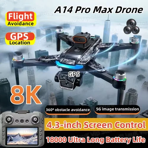 Imagen 1 del producto Para Xiaomi A14pro Max Drone pantalla grande de 4,5 pulgadas 8K HD tres cámaras Gps flujo óptico sin escobillas evitación de obstáculos RC 18000m UAV