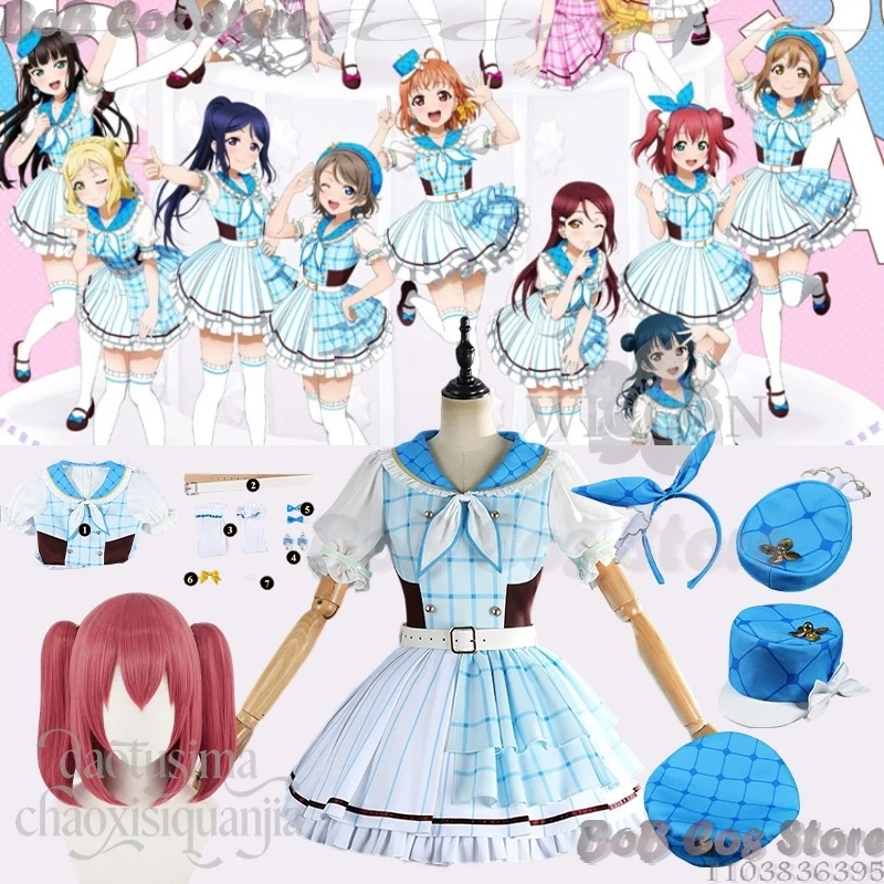 

Game Lovelive 15th Anniversary Cosplay Aqours Kurosawa Ruby Costume Blue Plaid Pattern Dress JK Headwear Wigs Comic Con Festival