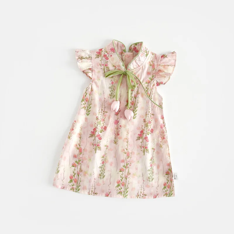 Summer Tulip Cheongsam Baby Girl Dress Cute Chinese Style Small Flying Sleeves Fragmented Embroidered Girl Dress