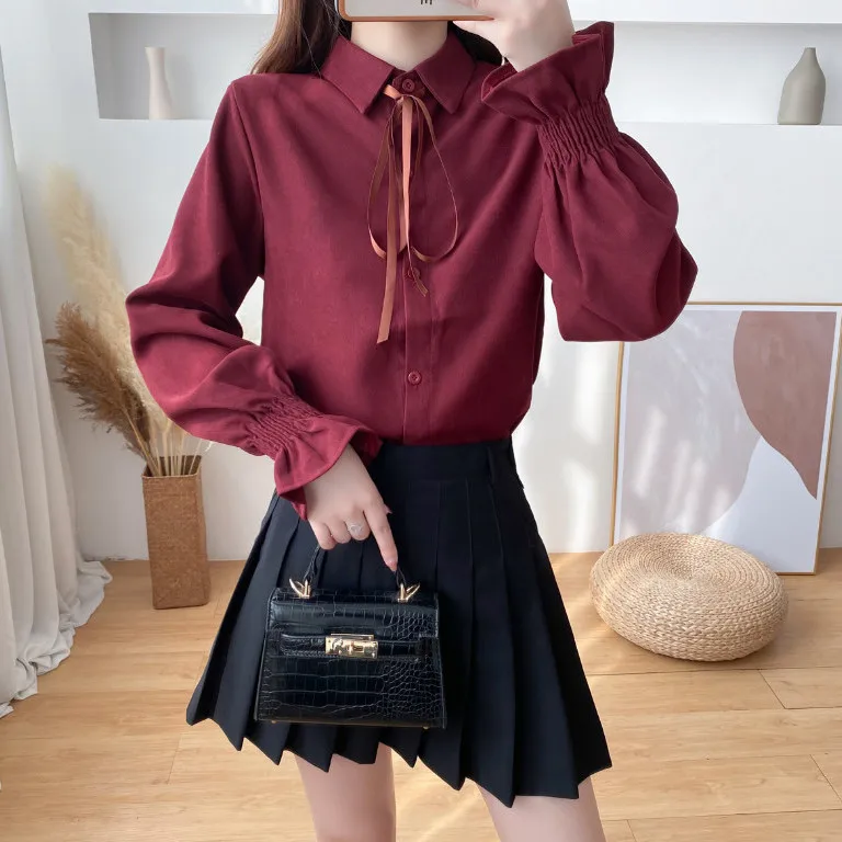 Long Sleeve Shirts Womens Satin Button Down Lantern Sleeves Pleated Hem Preppy Feminine Minimalist Retro French Style Elegant