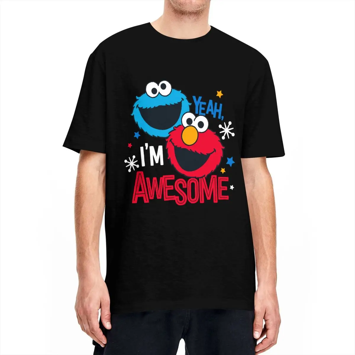 Cookie Monster & Elmo T-Shirt Men 100%Cotton Top Tee Novelty Crewneck Short Sleeve