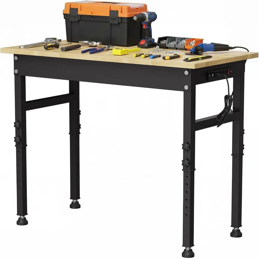 47" Height Adjustable Workbench, 2000 LBS Load acity Workstation Desk, Rubber Wood Top Workstation with Power Outlet, Heavy-Duty