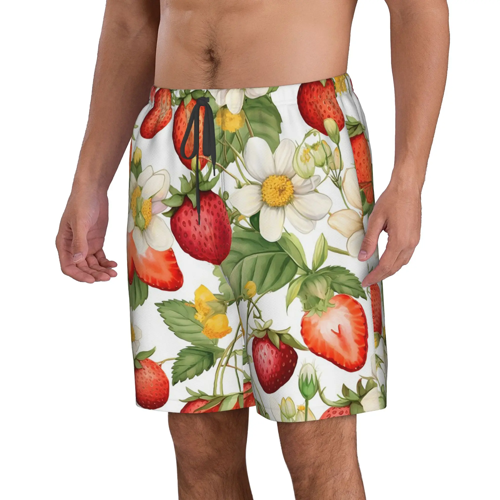 Vibrant Red Strawberry and White Floral Trunks Beach Board Shorts Casual Quick Dry Swimming Summer Men Pants