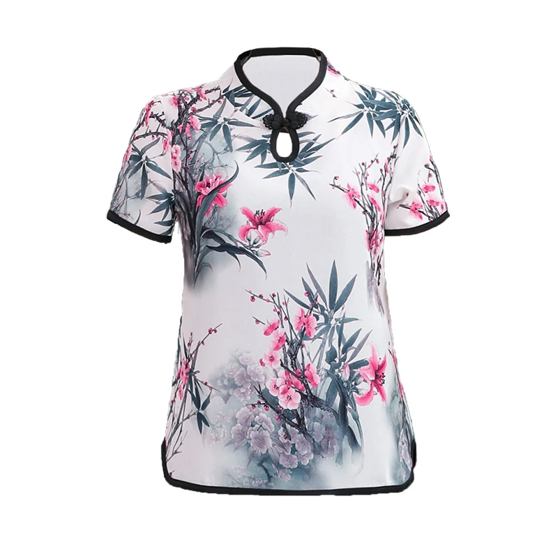 Retro Chinese Women Blouse Traditional Vintage Oblique Shirt Summer Satin Oriental Woman Tops Mandarin Collar Cheongsam